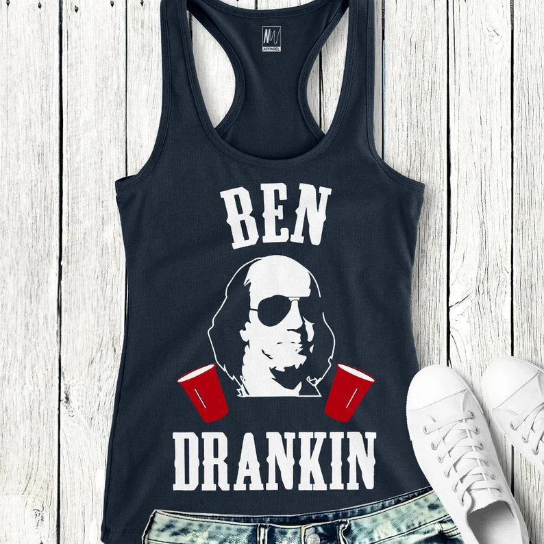BEN DRANKIN Tank Top - 4th of July Shirt in Navy Blue with White & Red Print, Featuring President Design, Patriotic Shirts